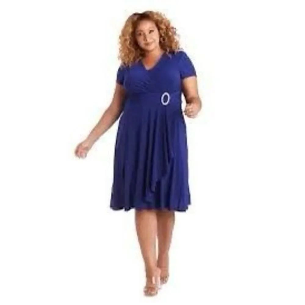 R&M Richards Women’s Plus Size 18 Short Sleeve Faux Wrap Cascade Dress Blue